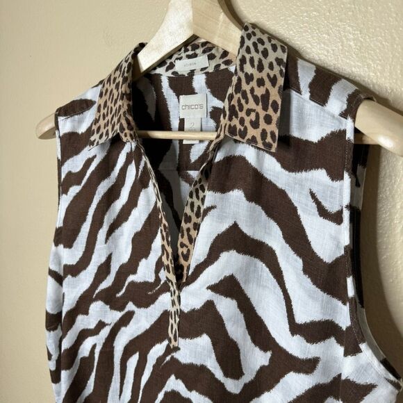 Chico's Shirt Women's Large 100% Linen No Iron Sleeveless Top Tunic Animal Print - Picture 2 of 12